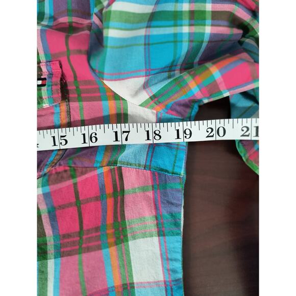 Tommy Hilfiger Button Up Blouse Women's Sz M Multicolor Plaid Roll Tab Sleeve - Picture 6 of 12
